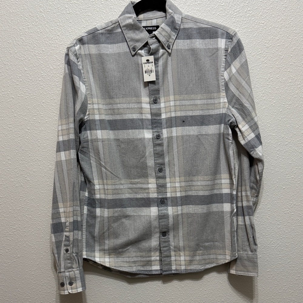 Express Gray and Tan Plaid Casual Shirt